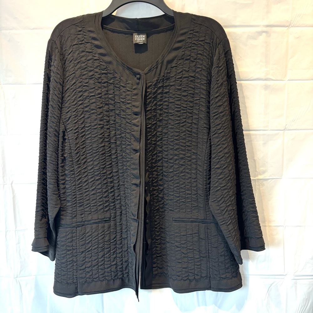 NWOT Eileen Fisher Black 100%Silk Textured Button Front Jacket SZ XL